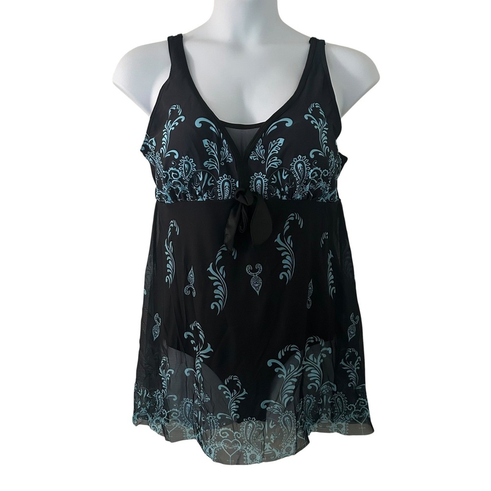 Women's One-Piece Mesh Padded Black Teal Paisley Swim Dress Swimwear 4XL - Picture 1 of 9